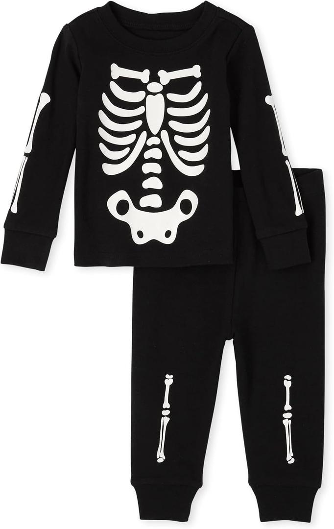  The Children's Place, Unisex Baby and Toddler Matching Family Glow Skeleton Snug Fit Cotton One Piece Pajamas, Black, 3T