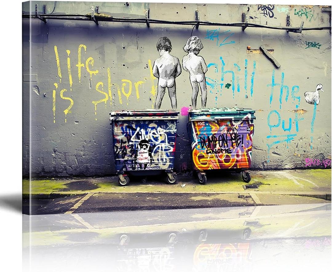 Framed Banksy Canvas Wall Art Life Is Short Pop Street Graffiti Wall Art Decor Cool Poster Paintings Colorful for Men Ready To Hang for Living Room Bedroom Home Bathroom Wall Decor 16x24in
