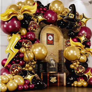 ALL-IN-1 Magical Wizard Balloons Garland Arch Kit with BONUS Hat, Wings, Lightning, Stars  Wizard Birthday Party Decorations & Supplies for Baby Shower, Chosen One, Burgundy Black Hogwarts Balloons