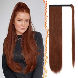 BARSDAR Auburn Straight Ponytail Extensions - 26 Inch Long Straight Wrap Around Ponytails for Women, Clip in Ponytail Hair Extensions Synthetic Pony Tails Hairpieces - Medium Auburn