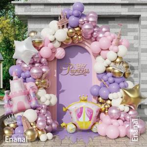 Princess Balloon Garland Arch Kit, 161pcs Pastel Pink Purple Chrome Gold Balloons with Castle Carriage Star Foil Balloons for Girls Princess Birthday Party Supplies Baby Shower Decorations