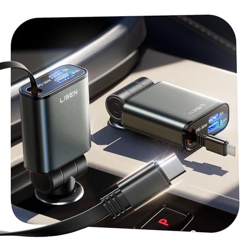 LISEN Car Charger USB C Fast Charge, Retractable Car Charger USB C [98% Space-Smart] Valentines Day Gifts Car Accessories for Him Her Women Men Phone Type C Car Charging for iPhone 17 16 15 Samsung
