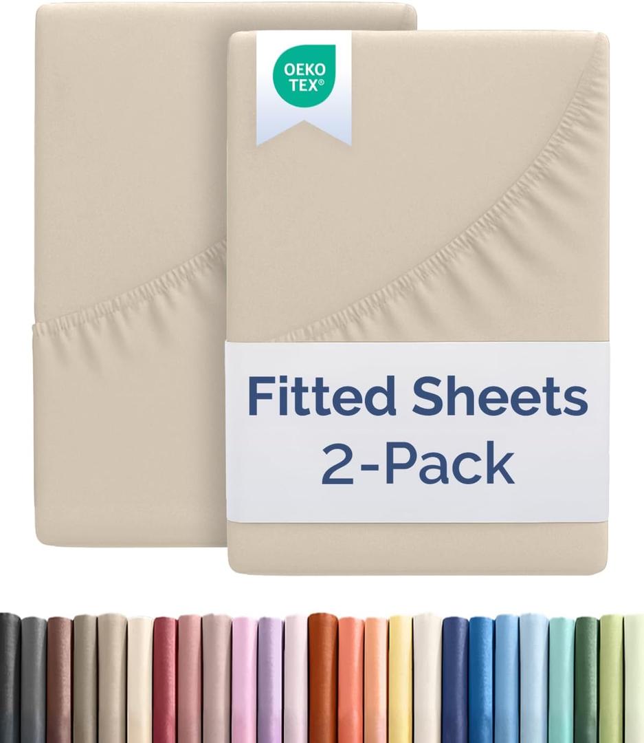 Full Size Fitted Bed Sheet - Pack of 2 Single Fitted Bottom Sheet Only - Fits Mattress Up to 16" Deep Pockets - Extra Soft, Breathable & Cooling - Hotel Quality, Fade, Shrink & Wrinkle Free - Wheat