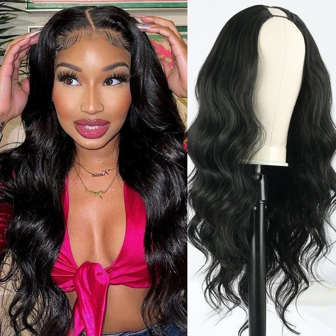 SCENTW V Part Wig Body Wave Synthetic Wigs for Women 24inch Black Hair V Part Wigs Upgrade U Parts Wig Glueless Full Head Clip in Half WIG for Black Women V Shape No Leave Out Thin Hair