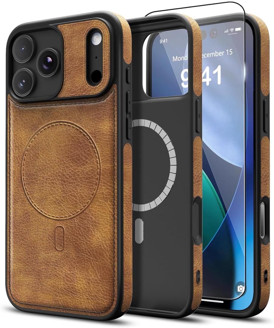 Magnetic for iPhone 17 Pro Leather Case, [Compatible with Magsafe] Business Classic Style Shockproof Men WomenProtective Slim fit Phone Cover for iPhone 17 ProBrown