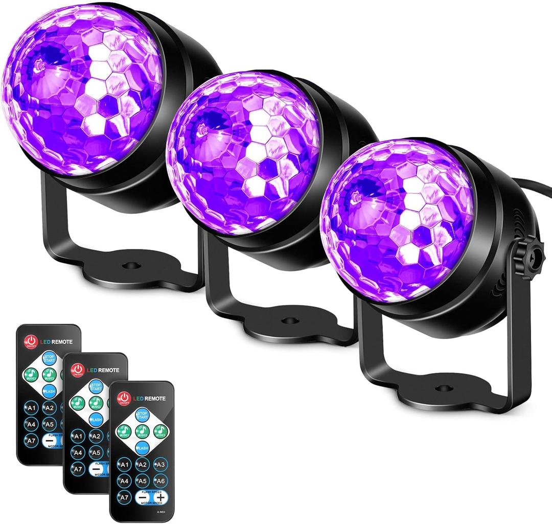 Litake Black Light for Glow Party, 6W UV LED Disco Ball Strobe Lights for Dark Party Supplies, Sound Activated with Remote Control, Dj Light for Halloween Xmas Birthday Party Home Decorations, 3 Pack