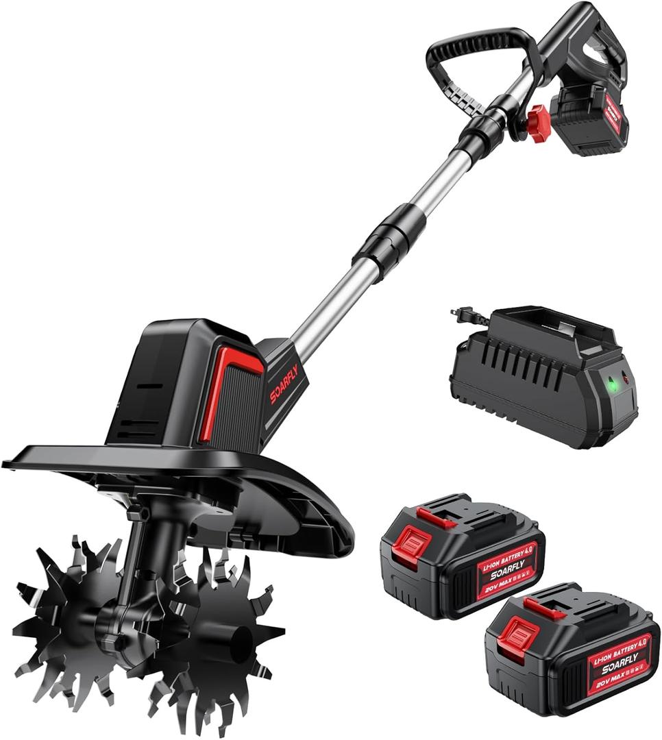 Cordless Electric Tiller for Gardening, Total 8000mAh Battery Powered Mini Cultivator with 24.0AH Batteries & Charger, 9" Width, 6.6" Depth, 48 Steel Tines Rototiller for Soil Cultivation