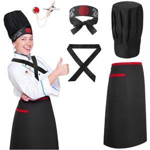 Hibachi Chef Hat and Apron Costume Set, Professional Complete Japanese Teppanyaki Costume with Tall Chef Hat (70 x 70 cm)