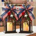 Patriotic Lanterns Decorative Indoor, 2 Pack Black Lantern with Timer Flameless Candle, 14" Battery Waterproof Outdoor Hanging 4th of July Lanterns for Porch, Patio, Patriotic Decorations
