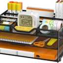 3-Tier Letter Paper Tray Desk Organizer, Black Desktop File Rack Holder with 3 Drop in Pencil Holder and Sliding Tray for Office Classroom and Home Supplies Organization Storage