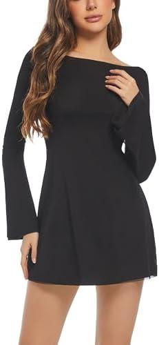 Cecinlyn Women's Long Sleeve Dress Flare Mini Dresses Blackless Party Club Dress Large
