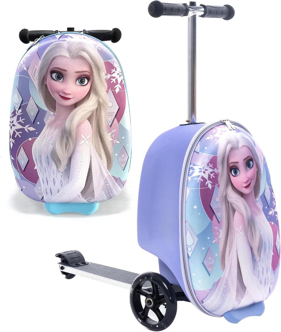 Fast Forward Frozen Scooter Suitcase for Kids – 18” Lightweight Disney Frozen Luggage for Girls – (Luggage 11lbs and Scooter 100lbs), Medium
