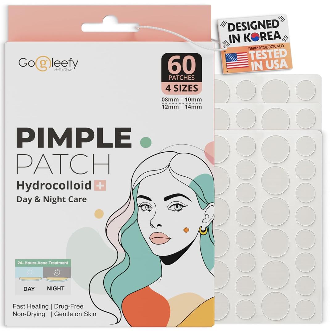 GoGleefy Pimple Patches for Face  Day & Night Acne Patches for Fast Healing, Skin Clarity  Invisible Hydrocolloid Patches, Waterproof Spot Treatment  All Skin Types Zit Patches of 60/120/180