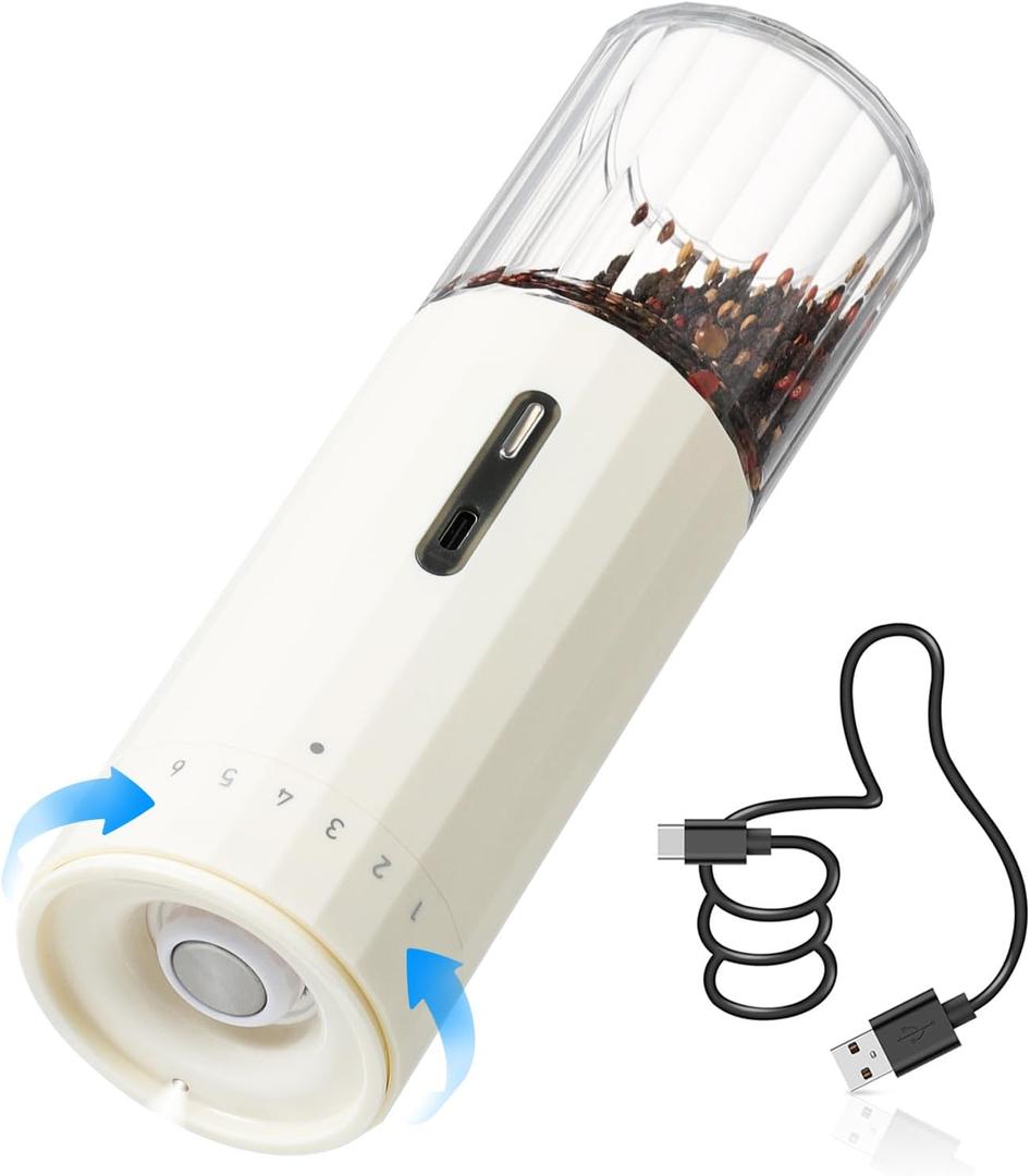 Vucchini 6 Level External Adjustable Electric Pepper Grinder Rechargeable Salt Grinder Type-C Quick Charge Large Capacity Spice Mill Acrylic Container for Home Kitchen