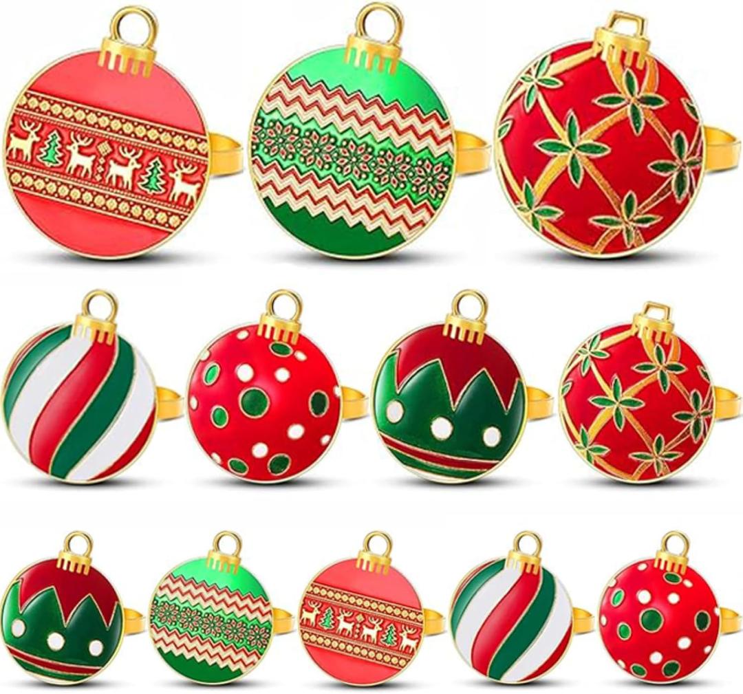 WILLBOND Christmas Ball Ornaments Napkin Rings Set of 12 Christmas Napkin Rings Holders for Table Decoration Accessories, Dinner Parties, Weddings, Thanksgiving(Classic Style,Red, Green, White)