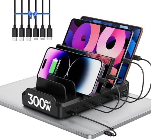 300W Charging Station for Multiple Devices, 8 Port Multi USB C Fast Charger Station Dock for MacBook iPhone 16/15/14/13/12 Samsung Pixel Series iPad, Black (6 Mixed Short Cables Included)