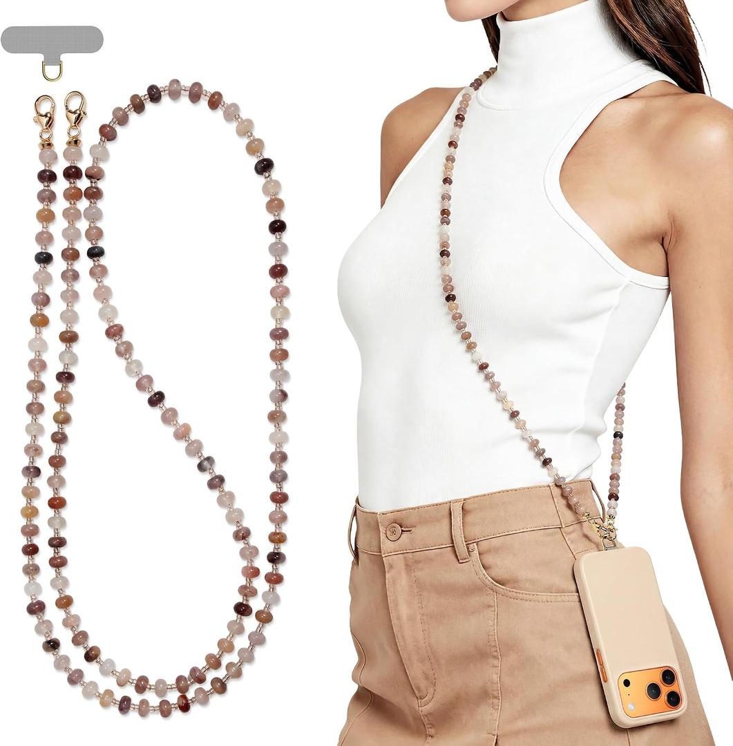POSADINA Natural Stone Phone Lanyard, Crystal Beaded Crossbody Strap for Women, Hands-Free Anti-Loss Chain with Tether Tab