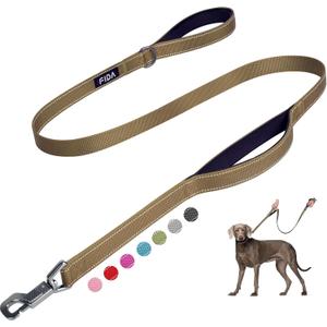 Fida 5 FT Heavy Duty Dog Leash with 2 Comfortable Padded Handles, Traffic Handle & Advanced Easy Snap Hook, Reflective Walking Lead for Large, Medium & Small Breed Dogs, Brown