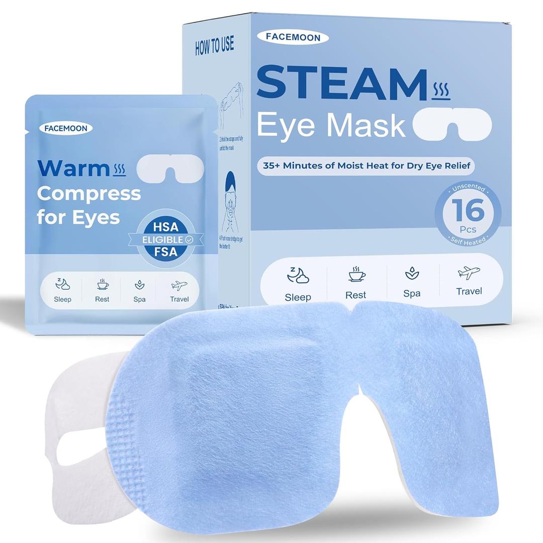 Self Heating Steam Eye Masks: 16 Packs Disposable Moist Heated Masks for Dry Eyes, Digital Eye Strain & Stress Relief – Warm Compress for Relax, Travel, Office, Sleep & Spa, Unscented