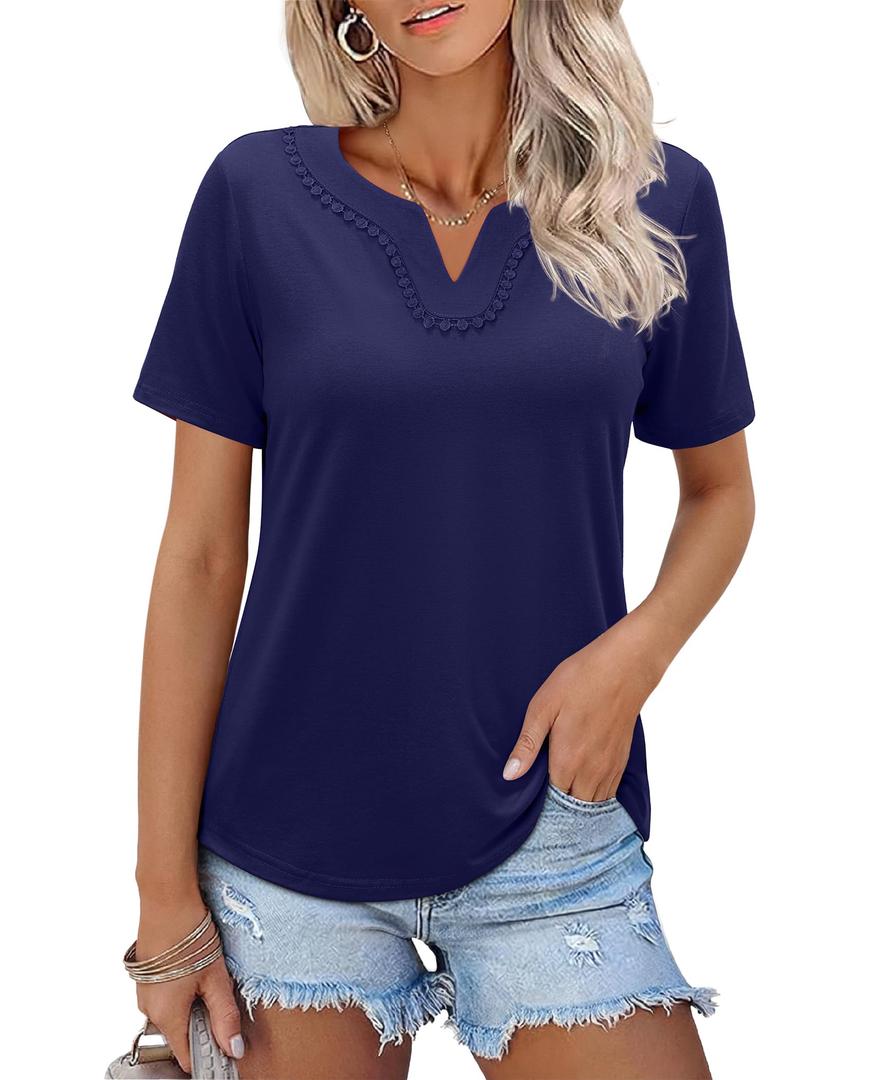 siliteelon Womens Short Sleeve Boho Tops V Neck Swiss Dot Dressy Casual Blouses Cute Summer Shirts 2026 Vacation Work Tshirts-Navy Blue M (Blue, M)