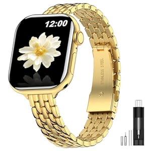 MioHHR Slim Metal Bands Compatible with Apple Watch Band 49mm 46mm 45mm 44mm 42mm (Series 3/ 2/ 1), Thin Stainless Steel Chain Strap Bands for Women iWatch Series 10 9 8 7 6 5 4 SE 3 2 1, Gold