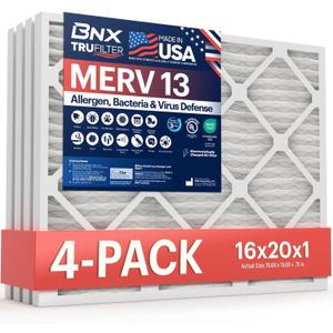 BNX TruFilter 16x20x1 Air Filter MERV 13 (4-Pack) - MADE IN USA - Electrostatic Pleated Air Conditioner HVAC AC Furnace Filters for Allergies, Pollen, Mold, Bacteria, Smoke, Allergen, MPR 1900 FPR 10