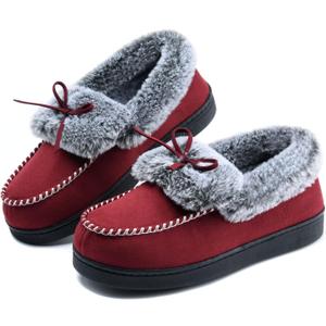 DL Womens Fuzzy Warm Moccasin Slippers Memory Foam, Soft Fluffy Women's Winter House Slipper Closed Back Fur Lined, Cozy Ladies Suede Indoor Bedroom Houseshoes Non-Slip (8, Burgundy)