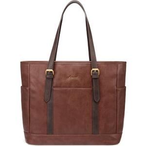 LOVEVOOK Laptop Tote Bag for Women,Vintage Leather Work Tote Bag for Women, 15.6 Inch Computer Briefcase Bag,Waterproof Teacher Business Office (Earthy Brown With Dark Brown)