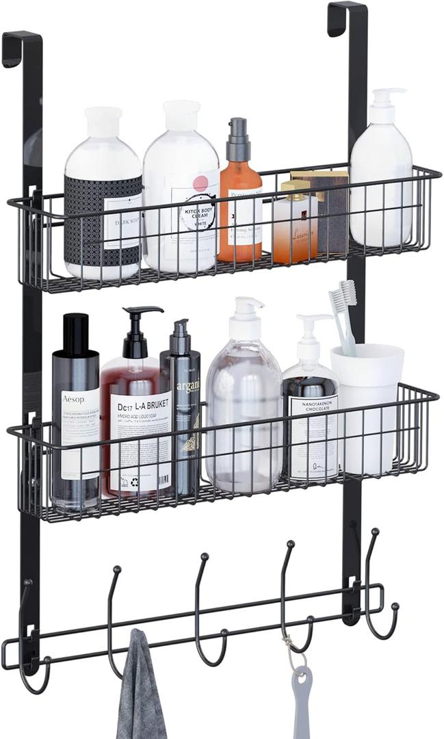 LUCYCAZ Over The Door Hooks Organizer, Door Hanger Towel Rack with 10 Coat Hooks & 2 Mesh Basket Over The Door Shelf, Back of Door Storage Organizer for Barthroom Kitchen Hanging Towel Clothes (Black)