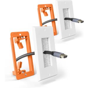 Brush Wall Plate with Mounting Bracket, Cable Pass Through Decorator Cover for Low Voltage Wires, Single Gang Cord Hider for TV Home Theater System, White, 2 Pack (White and Orange)