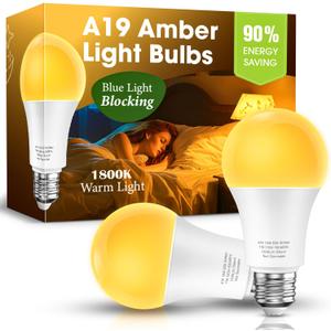 Sleep Light Bulb 100 Watt Equivalent 13W, Blue Light Blocking, 1800K Amber Color Light Bulbs, A19 Warm Light Bulb for Healthy Sleep and Baby Nursery Kids Bedroom, 2 Pack