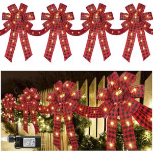 Enhon 4 Pack Lighted Christmas Ribbon and Bows Fence Decoration, 13 ft Long 20 x 11'' Large Christmas Bows Garland with 8 Modes and Timing for Eave Stair Outdoor Decor (Red Plaid)