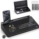 TOWON Small Compact Glass Desktop Whiteboard with Storage  12 x 7 in Dry Erase Board for Desk, Home Office, School | Includes 5 Markers, Eraser & Holder | Space-Saving Organizer, Aesthetic Black