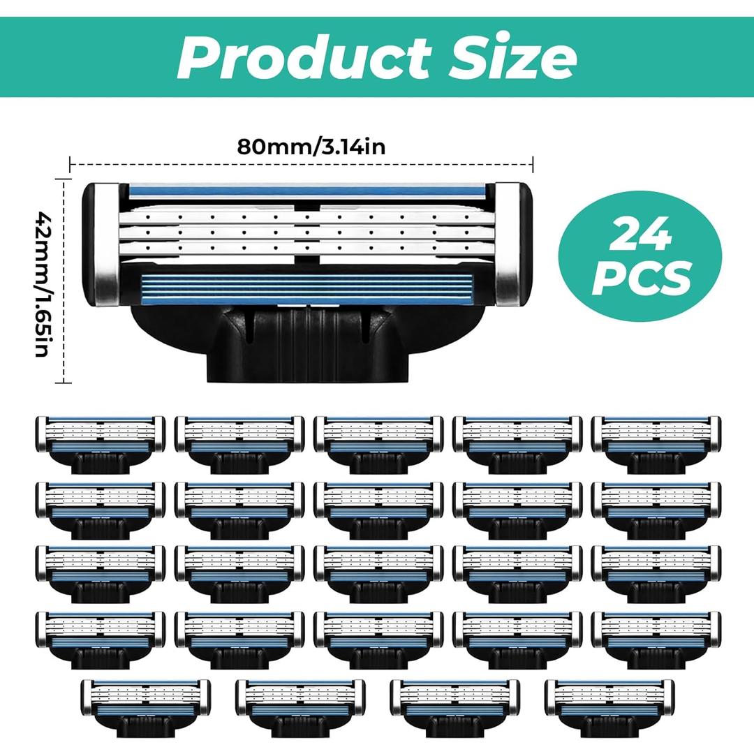 Razor Blade Refills for Men - 24PCS Compatible with mach 3 razor blades refills with Mach3 Razors, Dual Lubrication Blades for Extra Close & Comfortable Shave