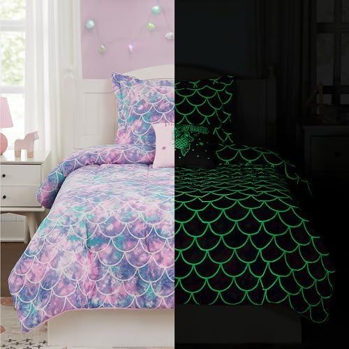 Kaleido Space Kids Comforter Set Full Size for Girls, Glow in The Dark Mermaid Bedding Set 1 Comforter, 1 Decor Pillow, 2 Pillow Shams