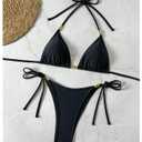 RoseSeek Women's 2 Piece Beaded Bikini Sets Spaghetti Strap Triangle Halter Swimsuits Elegant Beach Outfits Black Medium (Black, M)