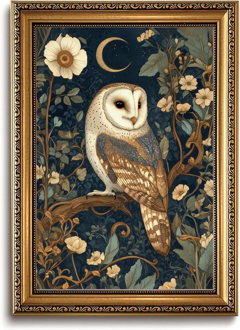 Vintage Gold Framed Owl Wall Art Dark Academia Canvas Art Prints, 16x24in Gold Framed