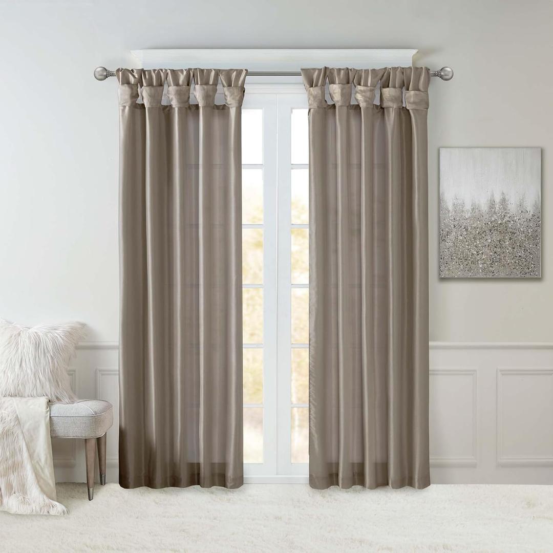 Madison Park Emilia Faux Silk Single Curtain with Privacy Lining, DIY Twist Tab Top, Room Darkening Window Drape for Living Room, Bedroom and Dorm, 95"L x 50"W, Pewter Brown