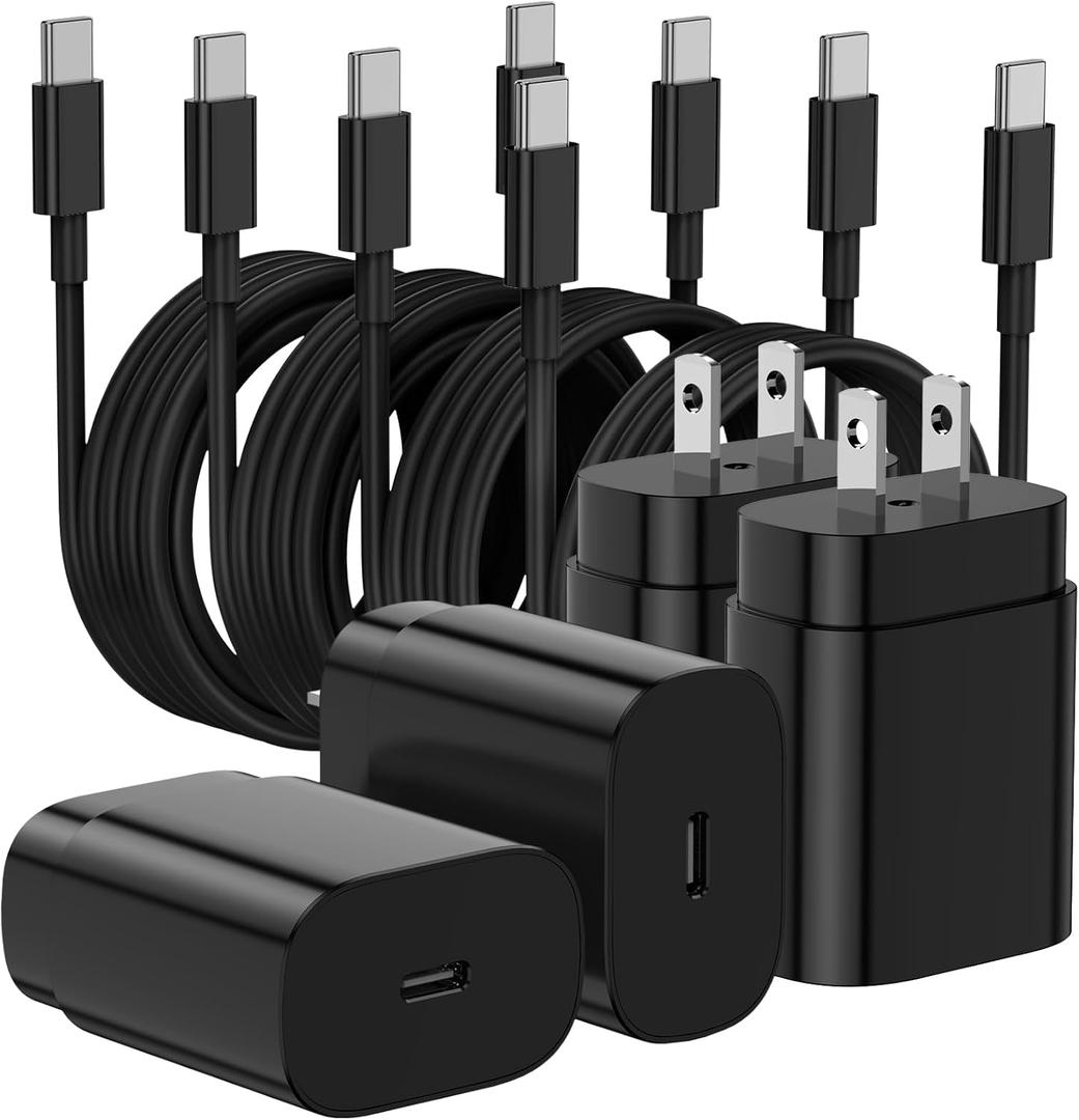 Essri Type C Charger Fast Charging for Samsung Galaxy S25 S24 S23 S22 Note 20,4Pack 25W Super USB C Fast Charger Block with (6ft+10ft) x2 Cables for iPhone 15/16 Pro Max/Plus, Android Phones - Black