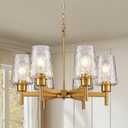 6-Light Gold Chandelier for Dining Room Farmhouse Chandeliers with Water Ripple Wine Glass Shades Adjustable Height Hanging Pendant Lights for Kitchen Living Room Bedroom Entryway, 6-Light Stone-Textured Glass