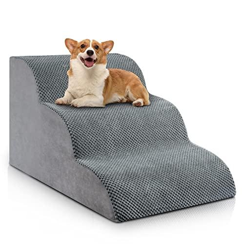 Romrol Dog Stairs Ramp for Beds Couches, 15.7” H 33D Extra Wide Pet Steps with Durable Non-Slip Waterproof Fabric Cover, Dog Slope Stairs for Small Dogs and Cats or Pets Friendly, 3-Tiers, Grey