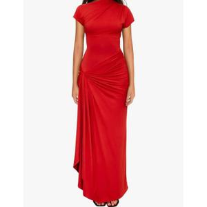 Women Pleated Off The Shoulder Long Formal Gown with Slit, Small