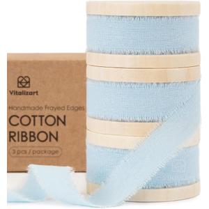Vitalizart Baby Blue Cotton Ribbon Handmade Fringe 5/8" x 21 Yd Pure Natural Cotton Ribbons for Gift Wrapping Wedding Invites Bridal Shower Bouquets Holiday Decor