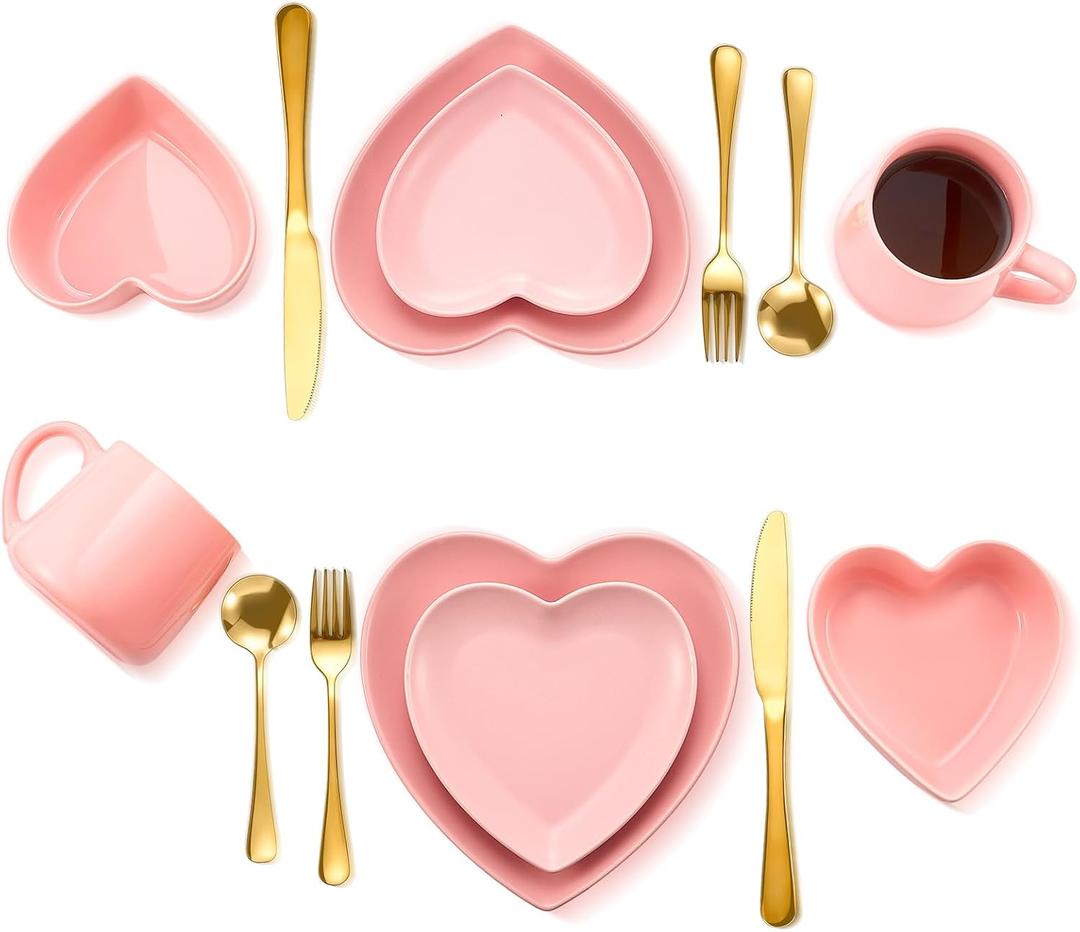 Suclain 14 Pcs Heart Shaped Dish Set Valentine's Day Include 4 Matte Heart Shaped Ceramic Dinner Plate, 2 Pink Bowls, 2 Ceramic Coffee Mug, 6 Gold Cutlery Set for Party(Pink)