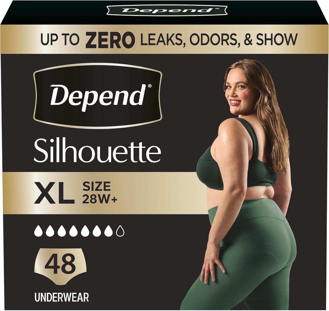 Depend Silhouette Adult Diapers, Incontinence & Postpartum Bladder Leak Underwear for Women, Maximum Absorbency, Extra Large, Black, 48 Count (2 Packs of 24)