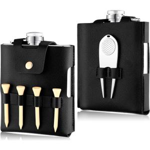 Remerry Golf Flask Gift Set 7 oz Stainless Steel Flask with Leather Case Golf Accessories for Men and Women Includes Drinking Bottle Divot Tool Ball Marker and 4 ball Tees (Black)