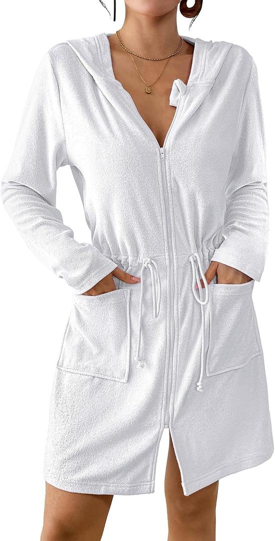 Bsubseach Terry Cloth Cover Up - Women Zip Up Long Sleeve Swimsuit Coverup Hooded Bath Robes with Pockets, White XXL