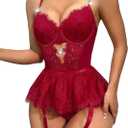 Alrovetoney Women Lingerie Set Naughty Lace Bodysuit High Waisted Underwire Lingerie Babydoll With Garter Belt and Stockings (Red, XXXL)