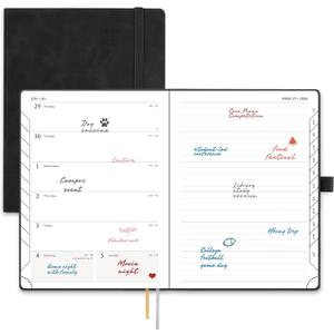 POPRUN Weekly Planner 2026-2027 (Medium 6.5''x 8.5'') Academic Calendar (JUL.26 - JUN.27) Appointment Book with Monthly Tabs, Leather Soft Cover, Inner Pocket, 100 GSM - Black