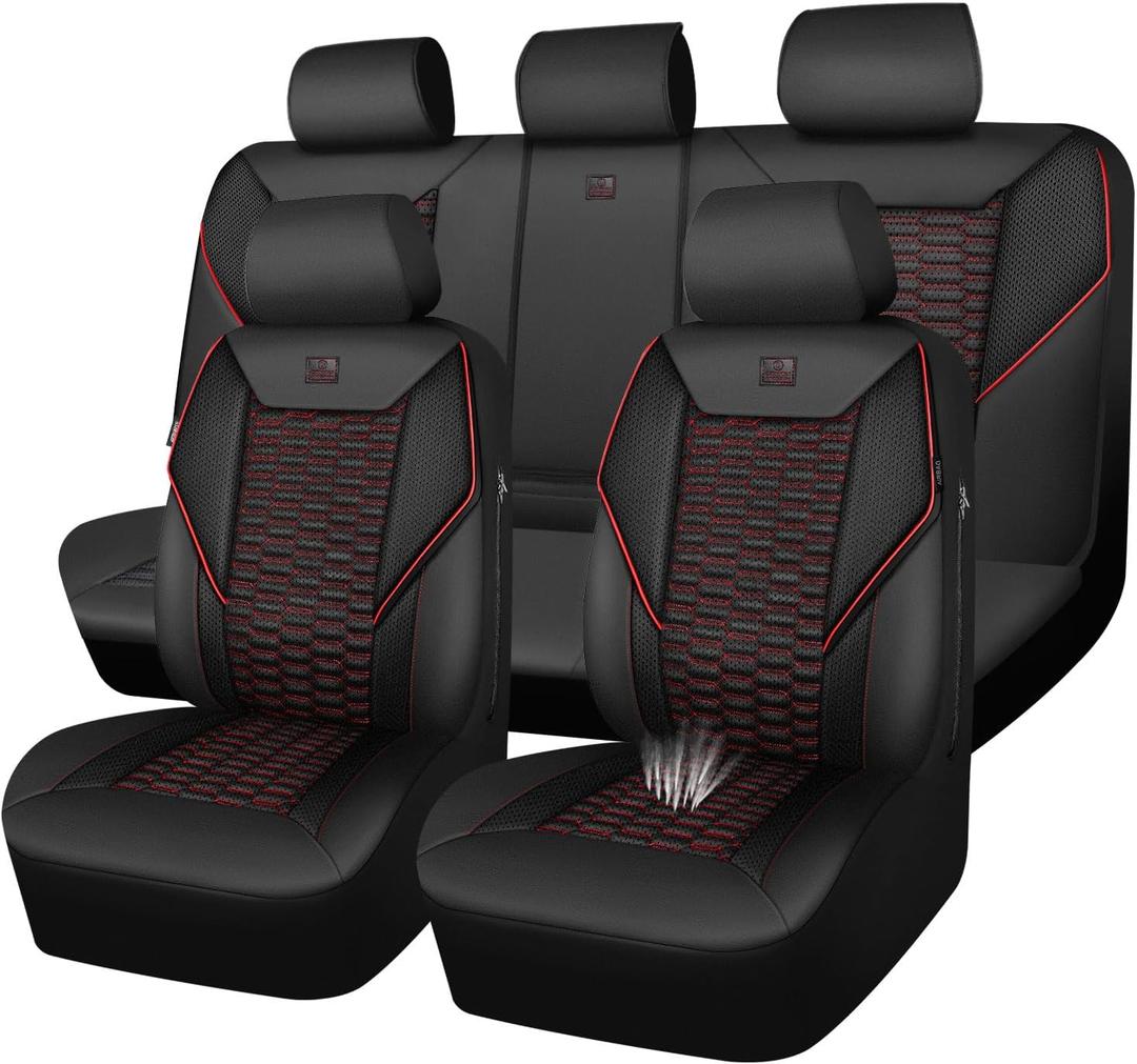 CAR PASS 3D Foam Mesh Leather Car Seat Covers Full Set,Breathable Mesh Faux Leather Seat Covers for Car,Universal Fit for SUV Truck Sedan Automotive, Armrest Airbag Compatible,Black and Red
